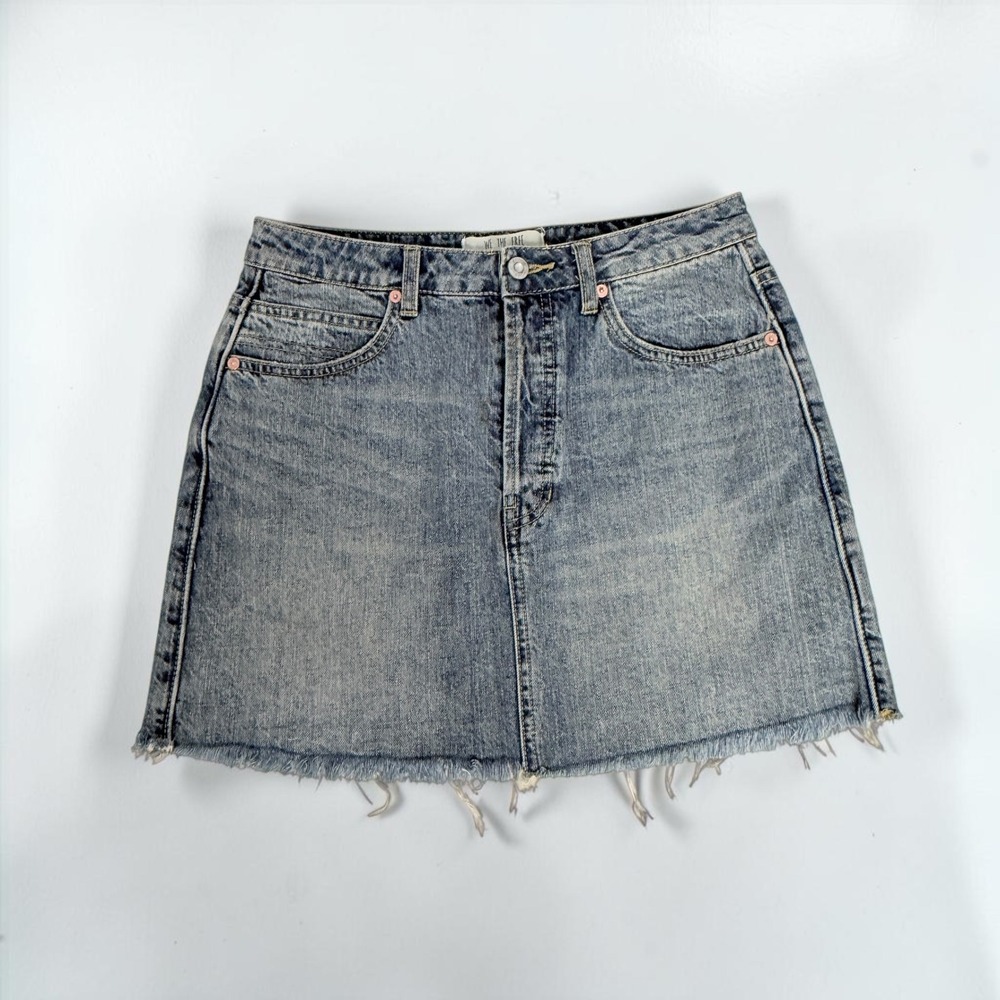 We The Free Free People Blue Denim Cinch Back Mini Skirt Raw Hem 28